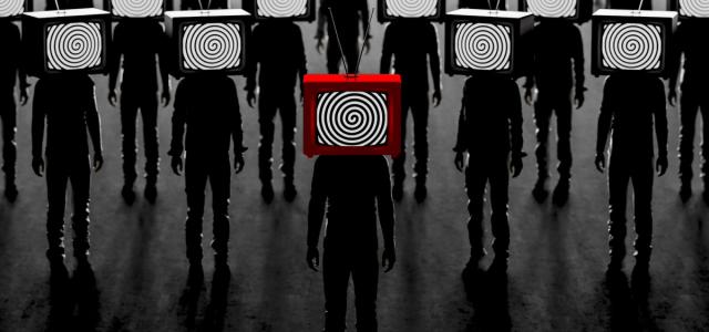 Digital art image of a group of shadowy figures with TVs for heads displaying a hypnotic pattern.